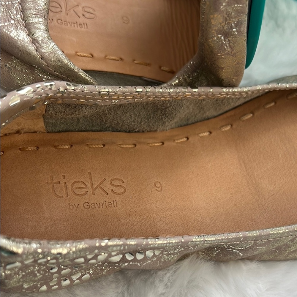 Tieks Gold Leather Flats with turquoise bottom